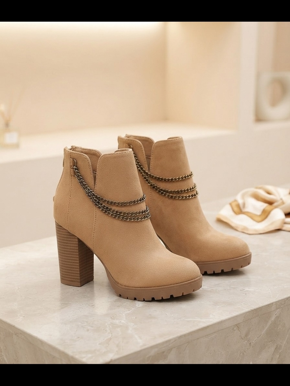 Tan Chunky Heel Ankle Boots with Chain Accent